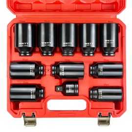 WETT 1/2" Drive Deep Large Impact Socket Set, 11-Piece Spindle Axle Nut Wheel Wrench Sockets Set, Jumbo Metric 6 Point Sockets with 3/4 to 1/2 Adapter, CR-MO, (27mm-38mm)