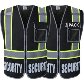 HATAUNKI 2 Pack Retro-Reflection Security Safety Vests Heavy Duty Black Mesh with 5 Pockets and Front Zipper Meet ANSI/ISEA 107-2015 (2/Black-22,3XL)