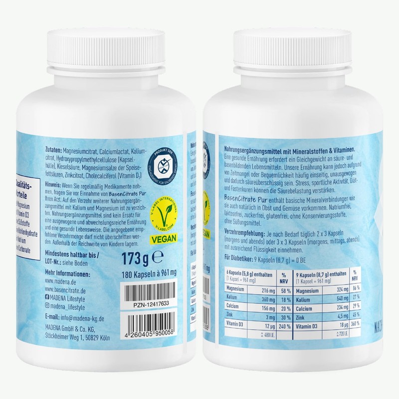 MADENA BasenCitrate Pure, 180 Capsules, Electrolyte Supplier with 100% Organic