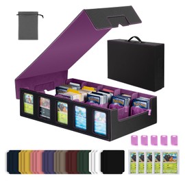 Collectible Trading Card Cases with Portable Handle, with 48 Colorful Divider Tabs&5 card supporters,5 card holders, one bag,PU Leather Commander Card Deck CaseforMTG Game Cards (5 Rows-Black&Purple)