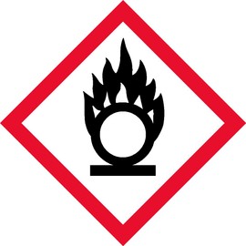 OSHA Compliant, GHS Flame Over Circle, Pictogram, Red Border, Black Symbol, Picto, White Base, Laminated, Safety Decal stickerdecal Vinyl Sticker, (5/8" x 5/8" (39 per))