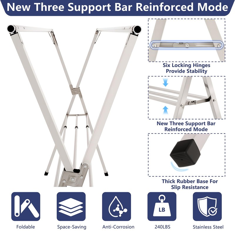 95 inches Foldable Clothes Drying Rack, Heavy Duty Stainless Steel