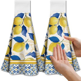 CUTHOLLOW Lemon Tea Towels with Hanger, Pack of 2 Decorative Towels, Soft Absorbent Microfibre Tea Towel for Kitchen, Bathroom, Oven Handle, Gift for Summer, Housewarming, Birthday