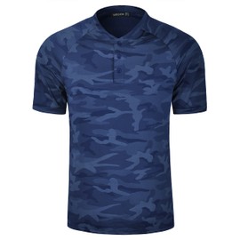 TAPULCO Henley Short Sleeve 3 Button Golf Tshirts for Men Dry Fit Breathable Collarless Polo 4 Way Stretch Athletic Workout Polyester Casual Shirts Camo Dark Navy XX-Large