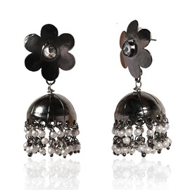 Moonstruck Traditional Indian Dome Shaped Floral Lightweight Oxidised Jhumka/Jhumki Earrings With Pearls for Women (Oxidised)
