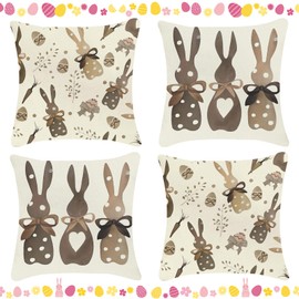 GreenYeah Rabbit Easter Cushion Cover, Pack of 4 Easter Cushion Covers 45 x 45 cm, Easter Decoration Linen Cushion Cover, Rabbit Cushion Cover, Easter, Easter Cushion Cover for Easter, Home, Couch,