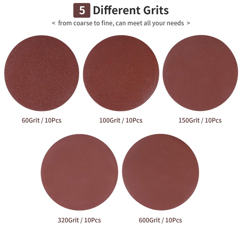 150mm Sanding Discs (60/100/150/320/600 Grits), 50 PCS Hook and Loop