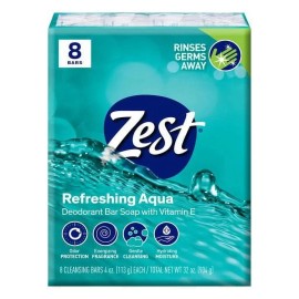 Zest Deodorant Bar Soap, Hydrating Moisture for All Skin Types, Aqua, 4 oz, 8 Ba