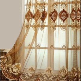 Amidoudou 1 Pair European Luxury Embroidered Sheer Curtains for Living Room Bedroom Tulle Curtains (Coffee,51x96 Inch)
