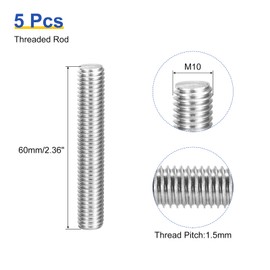 sourcing map 5Pcs M10 x 60mm Fully Threaded Rod 304 Stainless Steel Right Hand Threads Bar Studs for Anchors Bolts, Clamps, Hangers and U-Bolts, M10-1.5 Thread Pitch