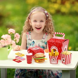 TOYANDONA Wooden Fast Food Burger Fries Deluxe Dinner Set, Kitchen Pretend Play Accessories Toy, Realistic Burger Fries Pretend Play Food Set Toy House Props Educational