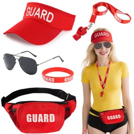 Oerphh 5 PCS Life Guard Costume Accessories KIt, Red Adjustable Fancy Dress Hat, Lifeguard Hat Fanny Pack Whistle Sunglasses Wristband Lifeguard Fancy Costume Dress for Adults Pool Party (Red)