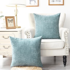 CaliTime Throw Pillow Covers Pack of 2 Soft Solid Dyed Cross Chenille Cushion Cases for Couch Sofa Home Decoration 18 X 18 Inches Deep Smoke Blue