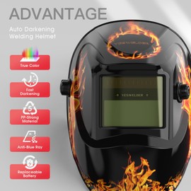 YESWELDER Auto Darkening Welding Helmet, Blue Light Blocking, 1/1/1/1 True Color Solar Powered Welding Hood with 2 Arc Sensors, Wide Shade 3.5/9-13 Welder Mask for TIG MIG ARC and Grind