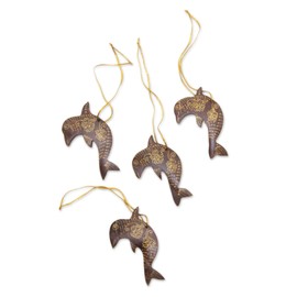 NOVICA Artisan Handmade Coconut Shell Ornaments Set of 4 Brown Dolphin Gold Tone Indonesia Holiday Decor Natural Materialsreclaimed Animal Themed Christmas [ 1.8in H x 3in W x 0.3in D] ' Dolphin