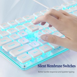 surmen G1000 Backlit White Quiet Office Keyboard Full Size 104 Keys with Metal Panel, Silent Membrane USB Wired Gaming Keyboard for PC, Desktop, Computer(White)