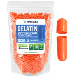 Cápsulas Express - Tamaño 3 cápsulas vacías de gelatina naranja Kosher - Cápsula de gelatina pura - Relleno de polvo para manualidades (1000)