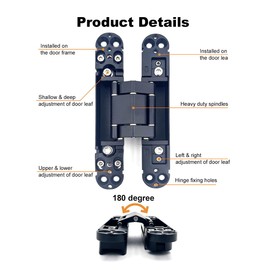 VOLUKA 2 Pack Hidden Door Hinges, 6 inch 3-Way Adjustable Concealed Hinges Zinc Alloy 180 Degree Swing Invisible Door Hinges (Black)