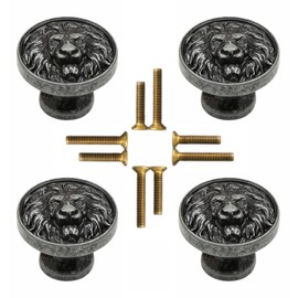 Wwxuanke 4pcs Knobs Flat Lion Head Knobs for Cabinets and Drawers 1.14in Cabinet Hardware Single Hole Solid Knob for Kitchen, Living Room, Bedroom (Antique Silver)