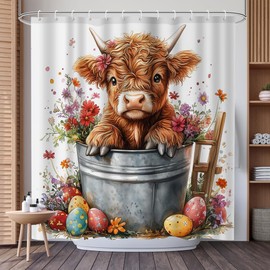 Printspree Highland Cow Easter Shower Curtain - 72x72 Inches Cute Farm Animal Spring Bathroom Decor with Floral and Egg Design - Waterproof Fabric Curtain with 12 Hooks for Family, Kids, Guest Spaces