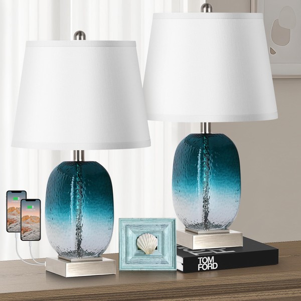 Table Lamp Set of 2 Touch Control, Modern Coastal Teal