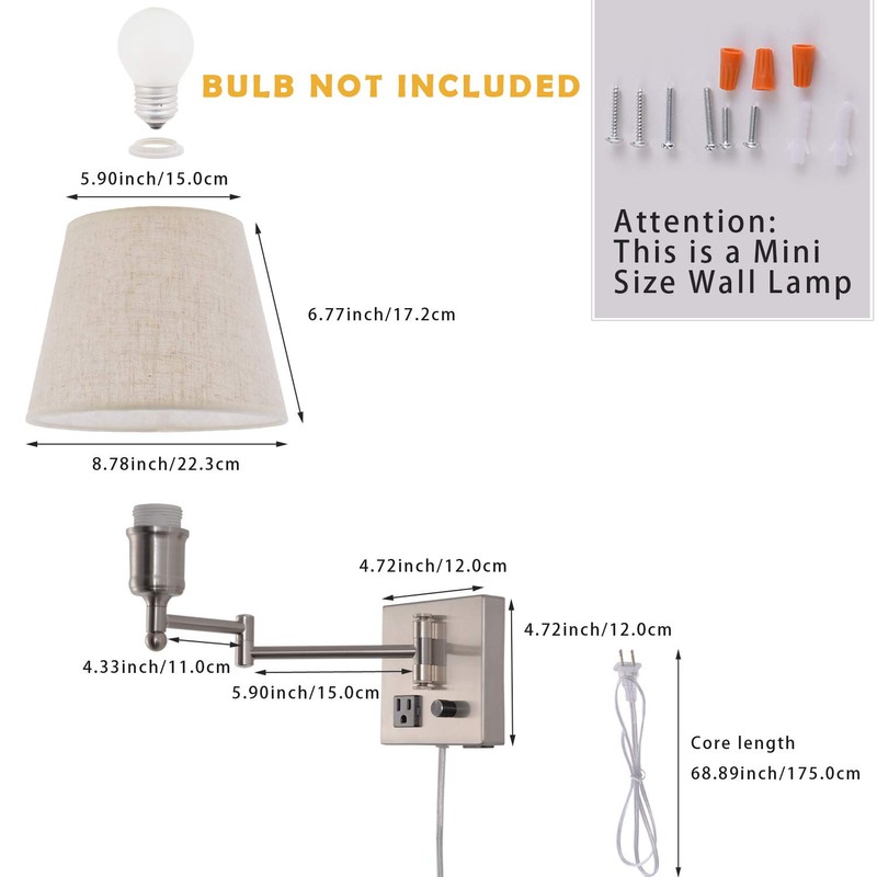 Bedside Wall Mount Light with Dimmable Switch and Outlet, Swing