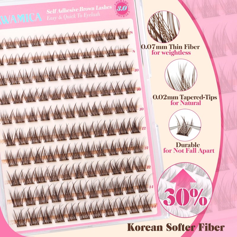 Yawamica Self Adhesive Eyelashes Brown Lash Clusters No Glue Needed