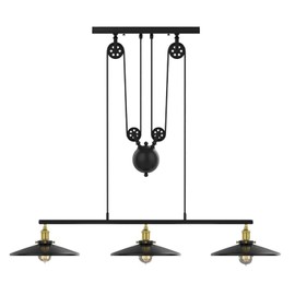 WINSOON 3 Light Industrial Pendant Light, Pulley Pool Table Light Fixture Billiard Light, Retro Steampunk Hanging Lamp, Adjustable Vintage Kitchen Island 3-Head Lights, Matte Black Painted