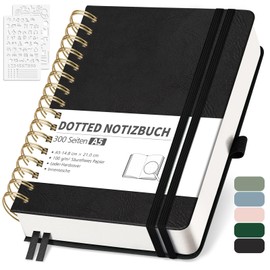RETTACY Notebook A5 Dotted, Bullet Dot Journal with 100 g/m² Thick Paper, 150 Sheets, Notebook for Office and School, Leather Cover, Black, 14.8 cm x 21 cm