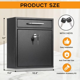 xydled Steel Mailbox Wall Mount, Medium Locking Mailbox with Key Lock, Lock Mail Boxes for Outside, Security Key Drop Box, Collection Boxes, 13.4H x 11.6L x 5.6W Inches, Black, Large
