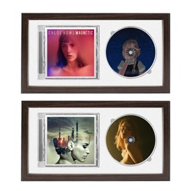 2 PCS CD Music Frame with White EVA Protective Matting, 13'' x 7'' Wooden Disc Display Case Wall Mount & Desktop Use Double Groove Record Album Frame for Music Enthusiast, Dark Walnut Color