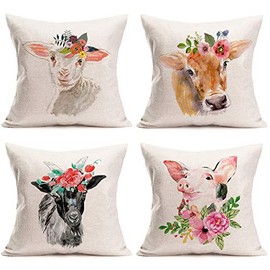 Easternproject Set of 4 Flower Leaves Animal Pillow Covers 18x18 Inch Cute Baby Sheep Pig Cow Farmhouse Spring Decorative Throw Pillow Cases Cotton Linen Home Baby Room Sofa Couch Decor Cushion Cover