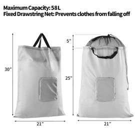 Travel Laundry Bags, 2Pcs JHX Foldable Dirty Clothes Bag 【Upgraded】 with Fixed Drawstring Net, Handles and Carabiner, Portable Laundry Bags for Travel, Fitness, and Students (Gray) 30"H x 21"W
