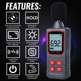 Decibel Meter, Digital Sound Level Meter 30-130 dB Portable SPL Meter Noise Tester with LCD Backlight Fast/Slow Mode, Sound Decibel Meter for Home Factories