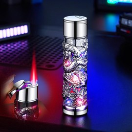 CLBYVGHH Silver Dragon Metal Cool Lighter,Jet Torch Flame Windproof Adjustable,Refillable Butane Torch Lighters,Kitchen BBQ Candles,(No Gas)