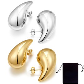 ZKSXOA 2 Pairs Chunky Gold Hoop Earrings Set Gold Drop Earrings Hypoallergenic Tear Drop Earrings Lightweight Waterdrop Earrings for Women Girls