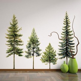 Pine Tree Wall Art - Pine Tree Wall Decal, 38" Wall Stickers Peel and Stick Gold Stamping Walls Murals Decor for Living Room Bedroom Classroom Nursery (Green Gold)