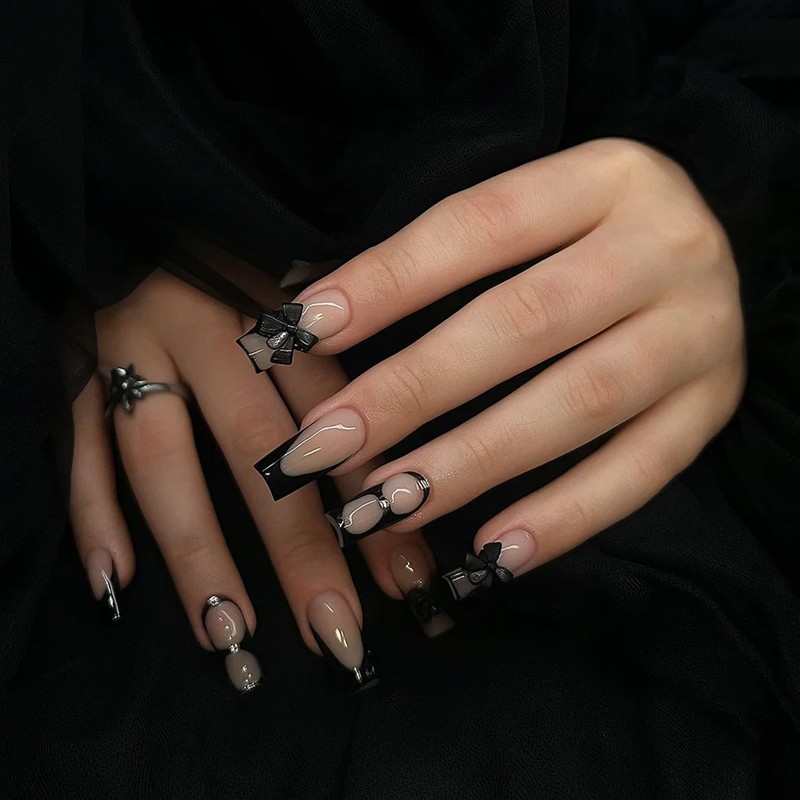 24pcs Long Square Press On Nails – Black Handmade False