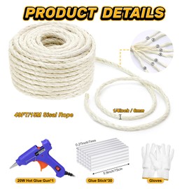 6MM Sisal Rope for Cat Scratching Post 49 FT, Natural Hemp Twine Rope Kit for Scratcher Repair Cat Tree Tower Wall Furniture Replacement with Hot Glue Gun and Sticks DIY Pet Toys Indoor White