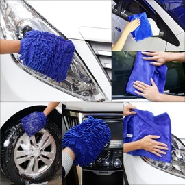 SYCEES 2-Piece Waterproof Microfibre Car Wash Mitt and 1-Piece Microfibre Cloth Set, Soft Coral Car Chenille Wash Mitt