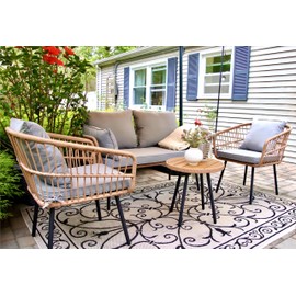 YITAHOME 4 Pieces Patio Furniture Set, Outdoor Wicker Bistro Set, All-Weather Rattan Patio Conversation Set with Loveseat Chairs Table Soft Cushions for Backyard, Pool, Deck, Garden - Grey
