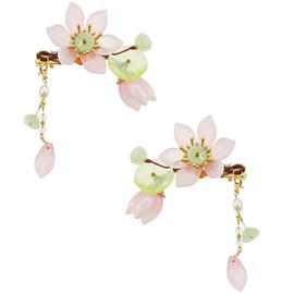 1Pair Handmade Pink Lotus Hair Clips, Pink Floral Hair Decoration for Hanfu, Tassel Hair Pins for Women, Bride, Bridesmaids