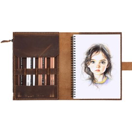 Fasjosma - Funda de piel hecha a mano para cuaderno de bocetos A5 de 5.5 x 8.5 pulgadas, funda para bloc de bocetos de artista con ranuras para lápices, organizador de portafolios para suministros de