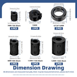 GLARKS 22pcs ID 7/9/11/13MM Clip-on Ferrite Ring Core Set, Includes 18pcs Black RFI EMI Noise Suppressor Filter Cable Clips, 2pcs 42 x 24 x 16MM Toroid Cores, 2pcs 15MM Ferrite Cores for Cable