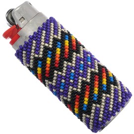 Navajo Hand Beaded Multicolor Purple Silver Lighter Case Traditional Peyote Stitch Design 0084