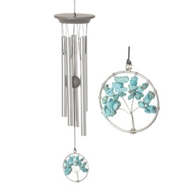 Woodstock Wind Chimes 15" Serenity Tree Turquoise Wind Chime, Gray Ash Wood, Silver Aluminum Tubes, Windchime for Outside Garden Decor, Outdoor Patio and Front Porch