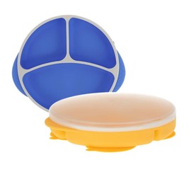 Nuby Silicone Round Suction Plate with Lid – Spill-Free, Dishwasher-Safe, Built-In Suction Grip for Easy Self-Feeding, Ideal for Baby & Toddler Meals at Home or On the Go – 6+M – Blue/Yellow