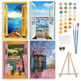 4 Pack Paint by Number Kit for Adults Framed Canvas, DIY Adult Paint by Number Kits with Easel, Acrylic Easy Paint by Numbers for Beginners, Window Landscapes Arts and Crafts for Home Decor 8x12inch