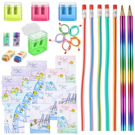AUAUY 27pcs Kids Party Bag Filler Set, Bendy Pencils, Colored Pencils, Notebook, Pencil Sharpener, Eraser, Entrance School Gifts for Boys & Girls, Magic Bend Toys Party Favor Supplies for Students