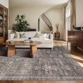 Rugxara 6x9 Area Rugs for Living Room Bedroom, Large Washable Rug, Grey Vintage Retro Boho Rug, Non Slip & Low Pile Faux Wool Thin Carpet for Indoor Dining Room and Kids Room(Taupe/Grey 6x9ft)